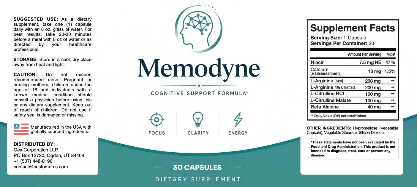 The flat Memodyne label: suggested use, storage, caution and distributor on the left, the Memodyne logo in the middle, and the Supplement Facts panel on the right