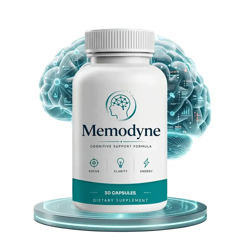 Brand artwork of a white Memodyne bottle with a sea-teal band on a lit pedestal before a translucent blue brain