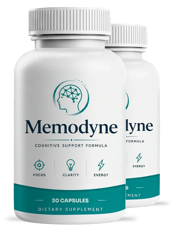 2 white Memodyne bottles with sea-teal label bands, 30 capsules each