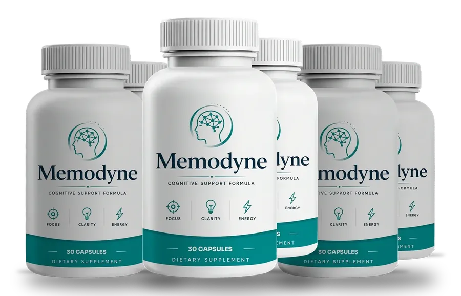3 white Memodyne bottles with sea-teal label bands, 30 capsules each