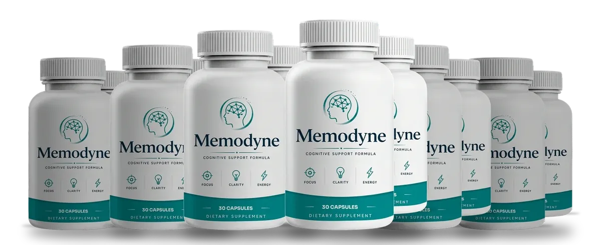 6 white Memodyne bottles with sea-teal label bands, 30 capsules each
